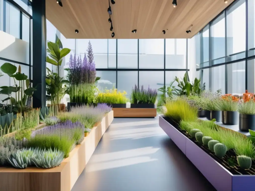 An indoor garden with vibrant medicinal plants, creating a serene and functional space