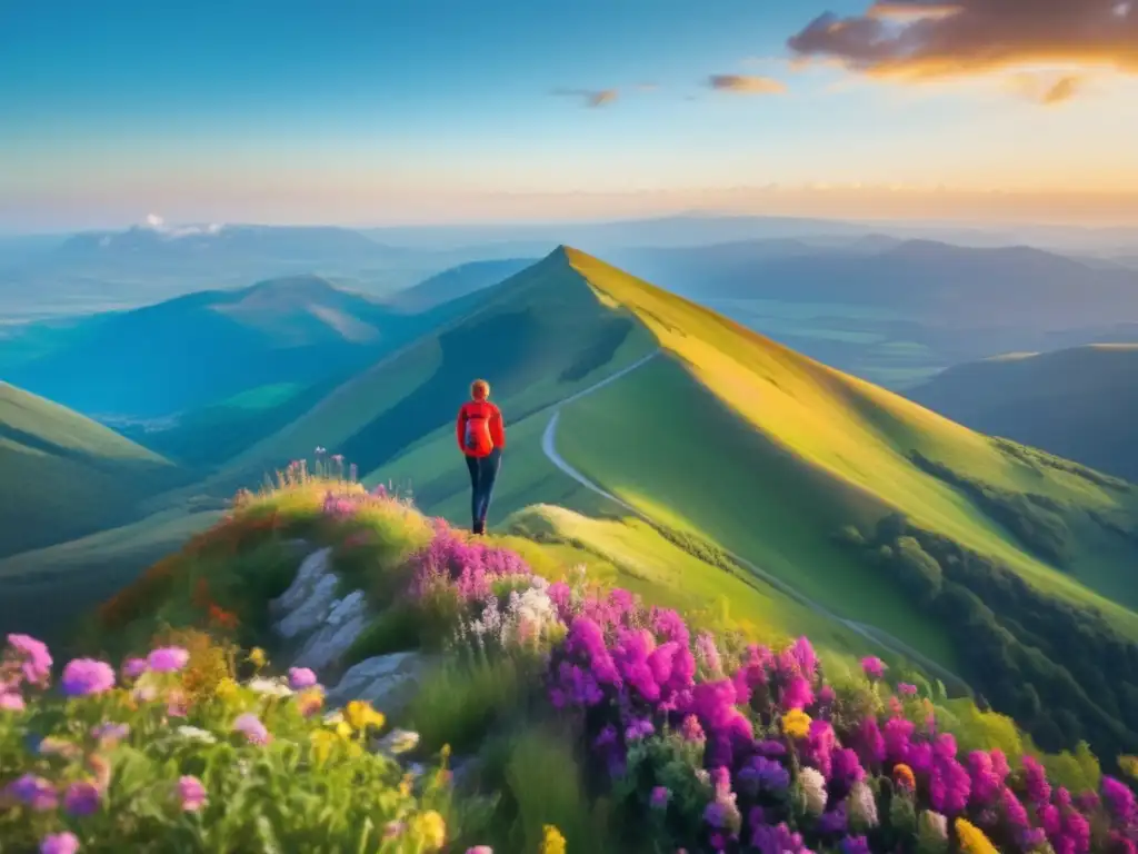 Persona en montaña con paisaje hermoso, símbolo de esperanza y optimismo en tiempos difíciles