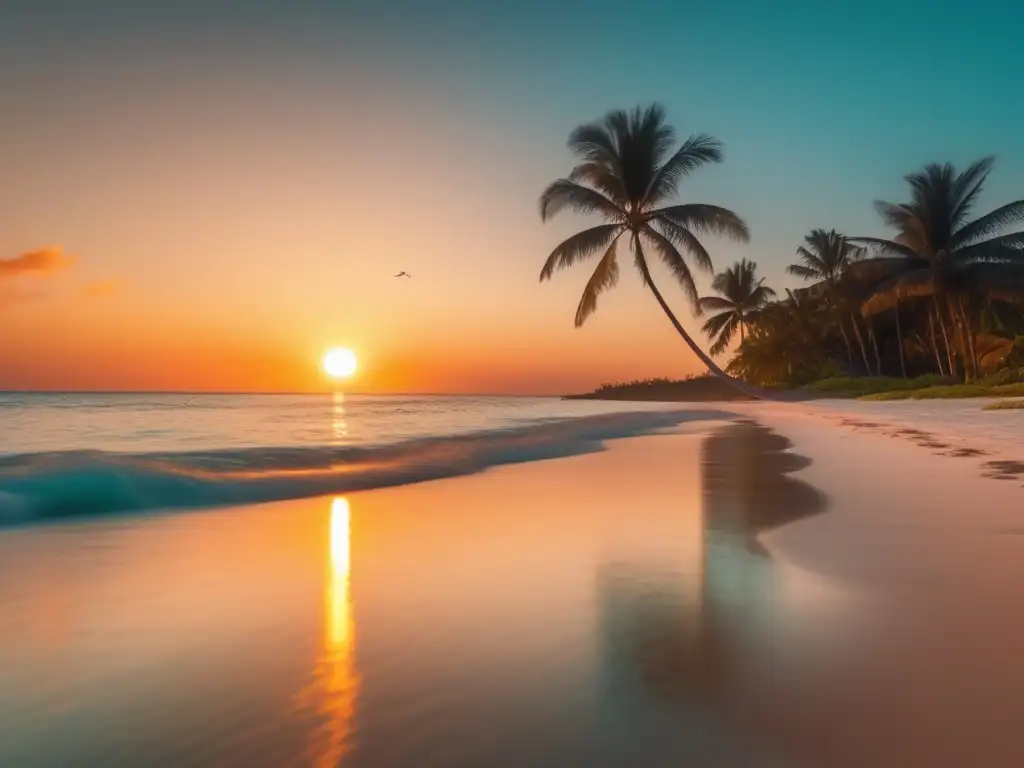 Importancia de la psicología positiva en crisis - Playa serena con atardecer dorado, palmeras y agua turquesa