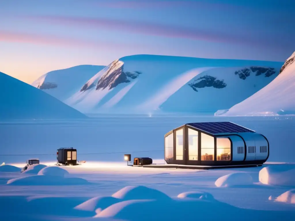 Sistema de energía portátil en el Ártico, estación de investigación remota en paisaje nevado y montañas cubiertas de nieve