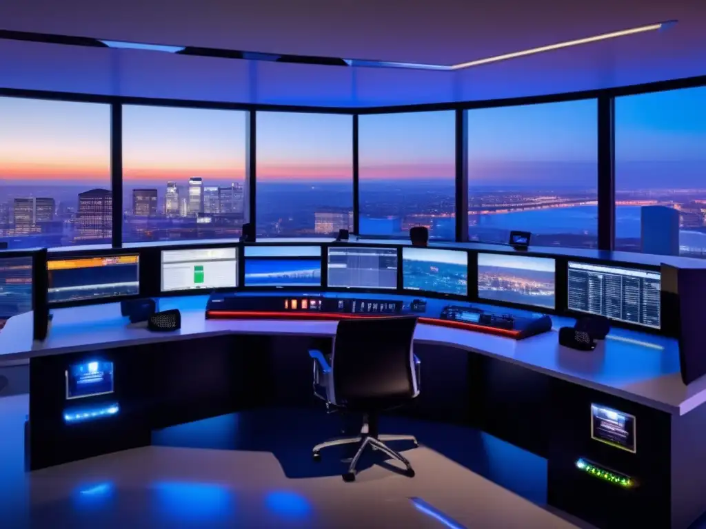 Construir estación radio emergencia: sala de control moderna y sofisticada con vista panorámica de la ciudad al atardecer