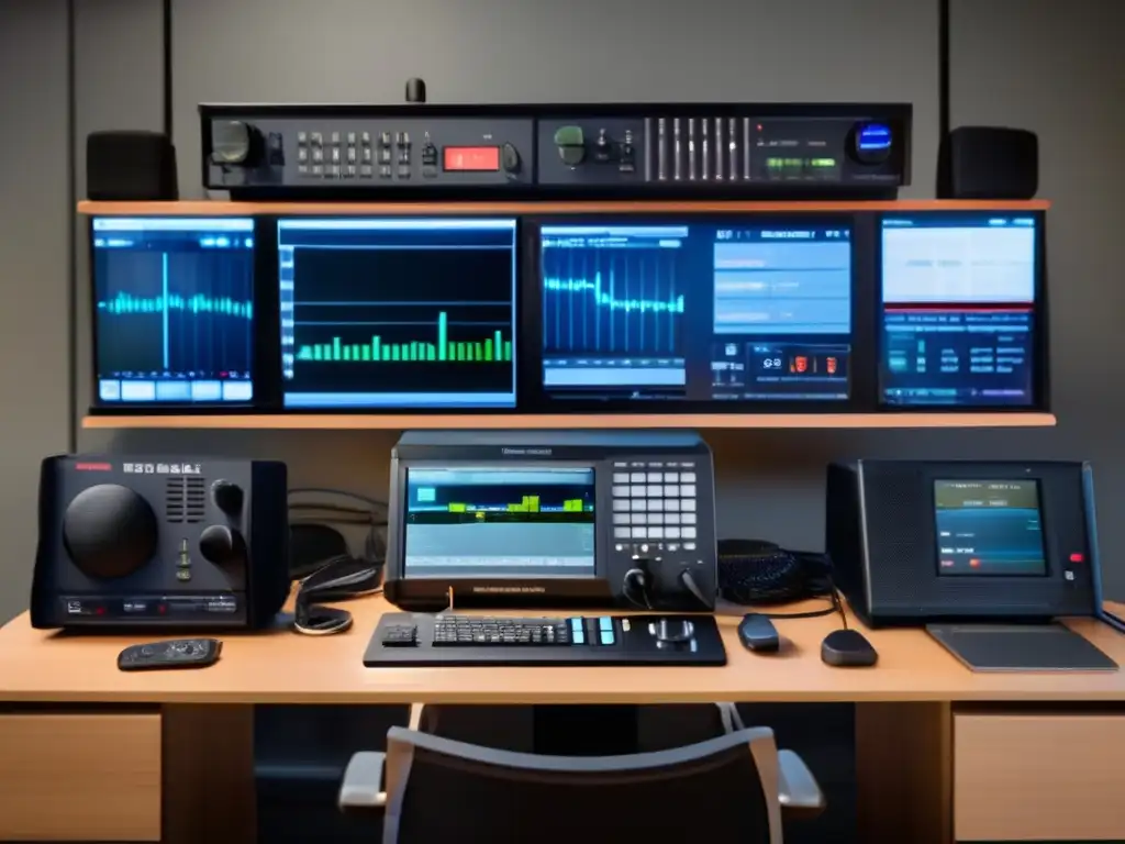 Estación radio emergencia: equipo profesional en una sala bien iluminada