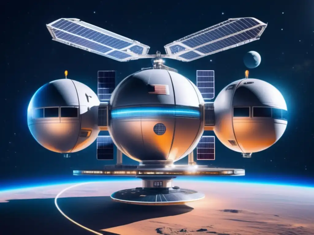 Estación espacial futurista y sus elementos Supervivencia en el espacio: Preparación futurista con trajes espaciales, alimentos y sistemas de purificación de agua