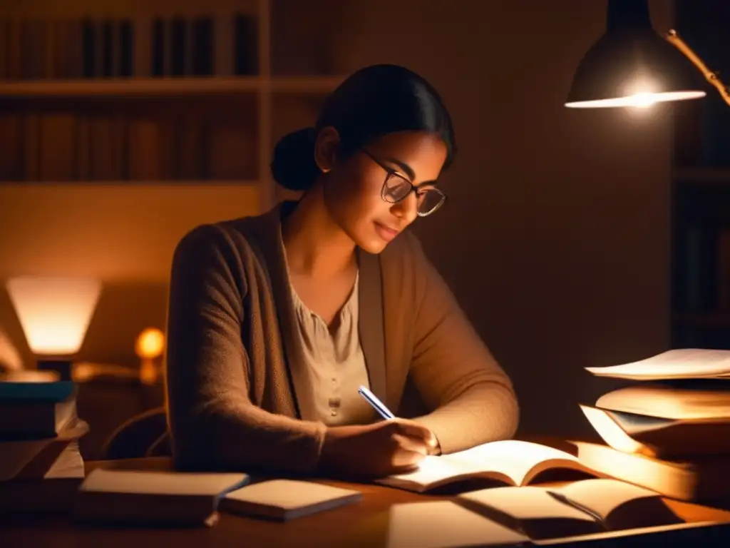 Persona reflexiva rodeada de libros y papeles en una habitación cálida y acogedora