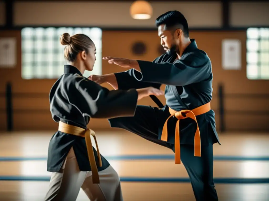 Estudio de artes marciales con instructor y estudiante demostrando técnicas de defensa personal efectivas