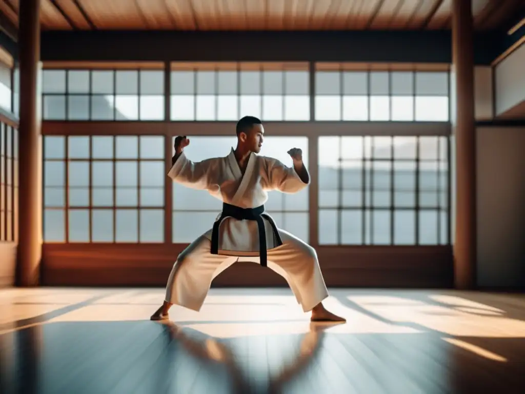 Estudio de artes marciales con luz natural, decoración minimalista y un artista marcial ejecutando una técnica defensiva