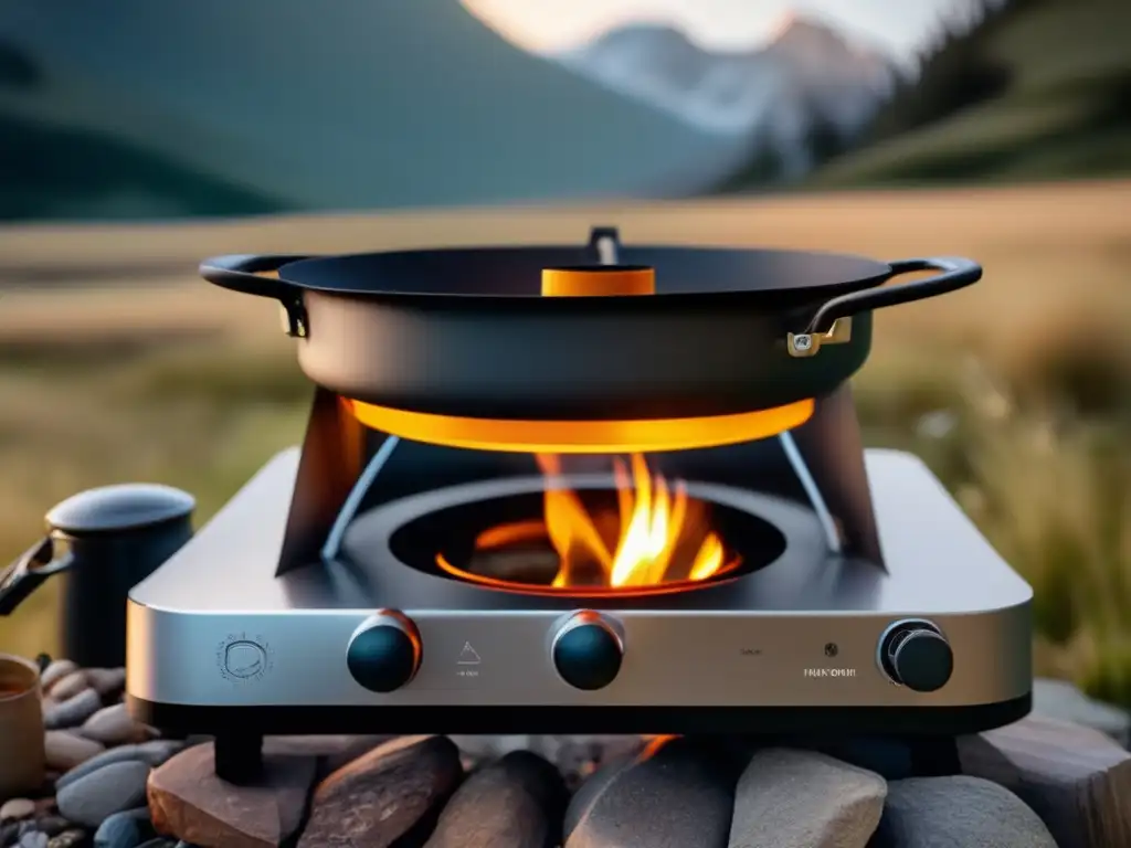 Equipo cocina supervivencia: estufa portátil 8k ultradetallada en un entorno salvaje