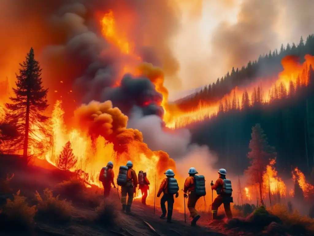 Preparación para incendios forestales: Grupo evacuando con determinación en un bosque en llamas