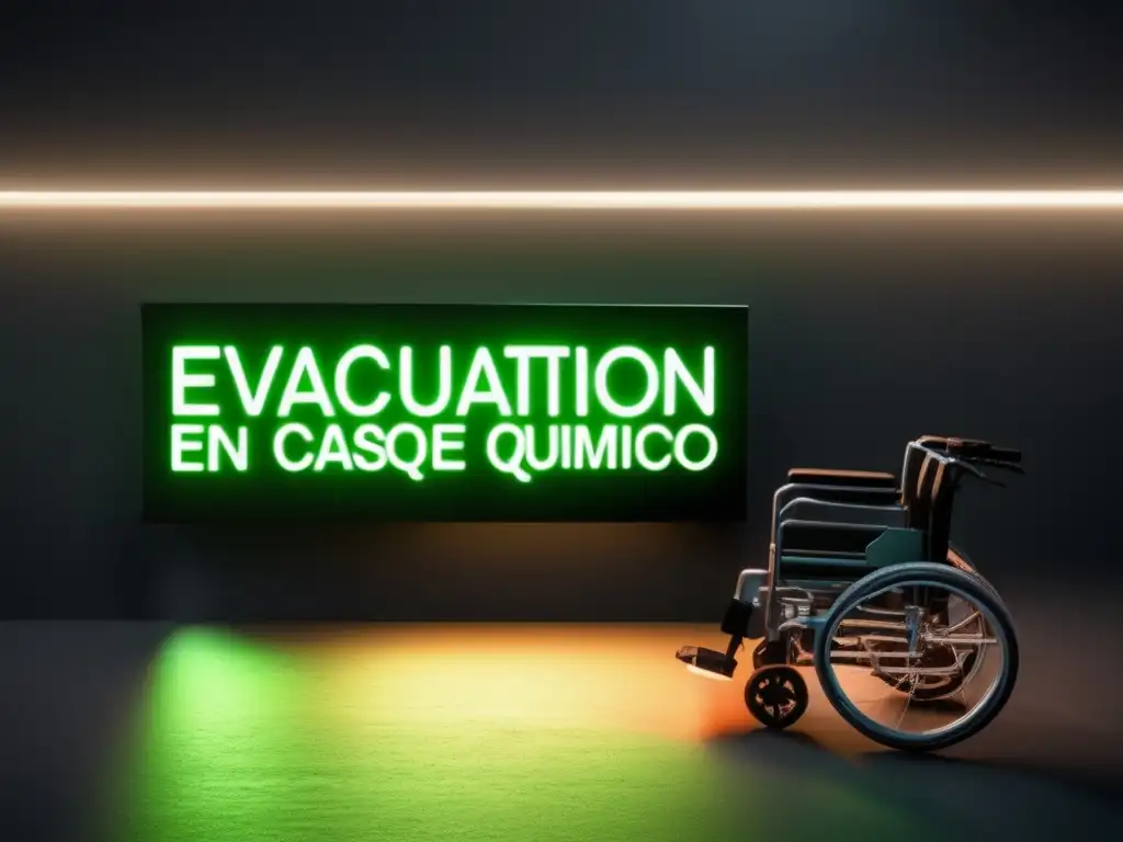 Señal de evacuación en ataque químico: Preparativos para emergencia con LED verde y persona en silla de ruedas, hacia puerta de salida