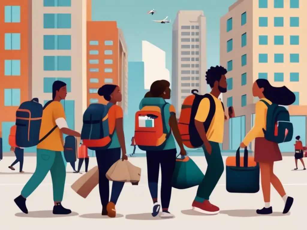 Moderna ilustración de evacuación con personas diversas en contexto urbano, preparadas para protocolos de evacuación