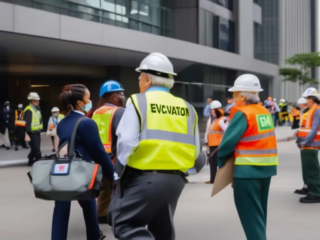 Grupo evacuando edificio con seguridad y protocolos de evacuación no preparacionistas