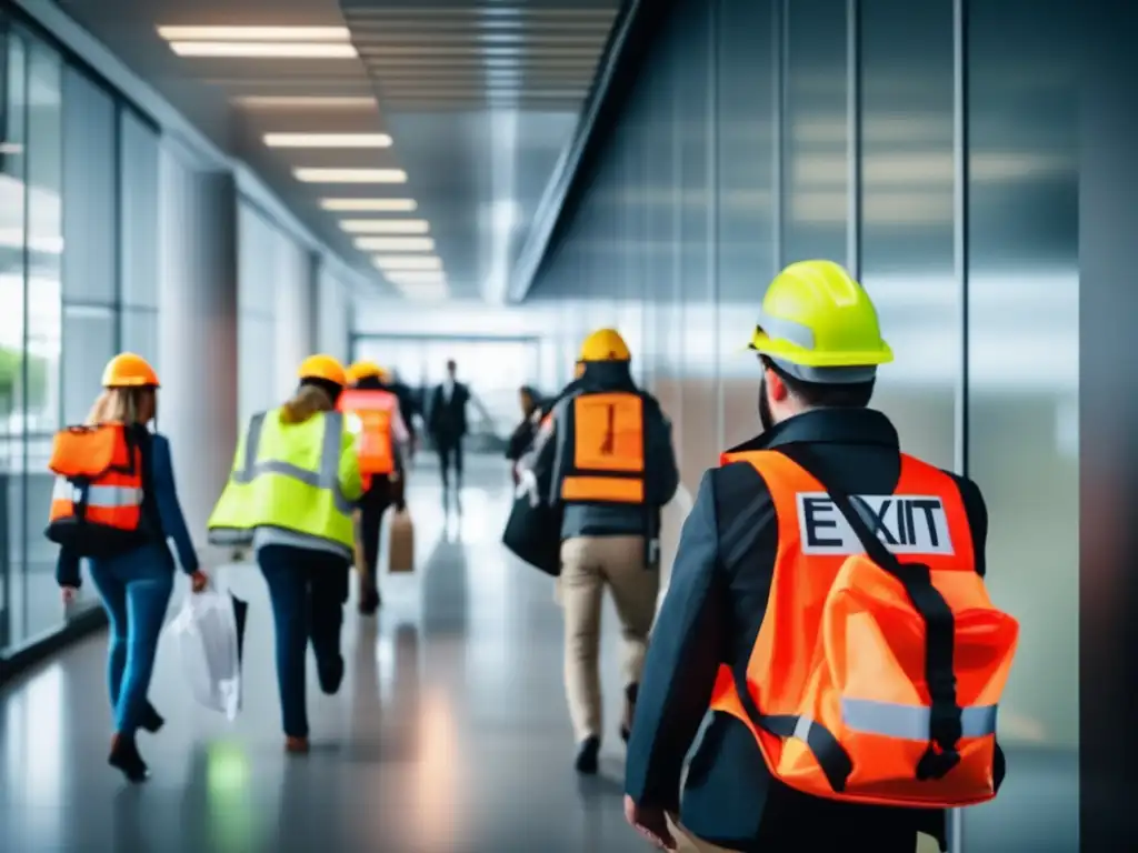 Técnicas de evacuación en situaciones de estrés: personas en edificio moderno evacuando con seguridad