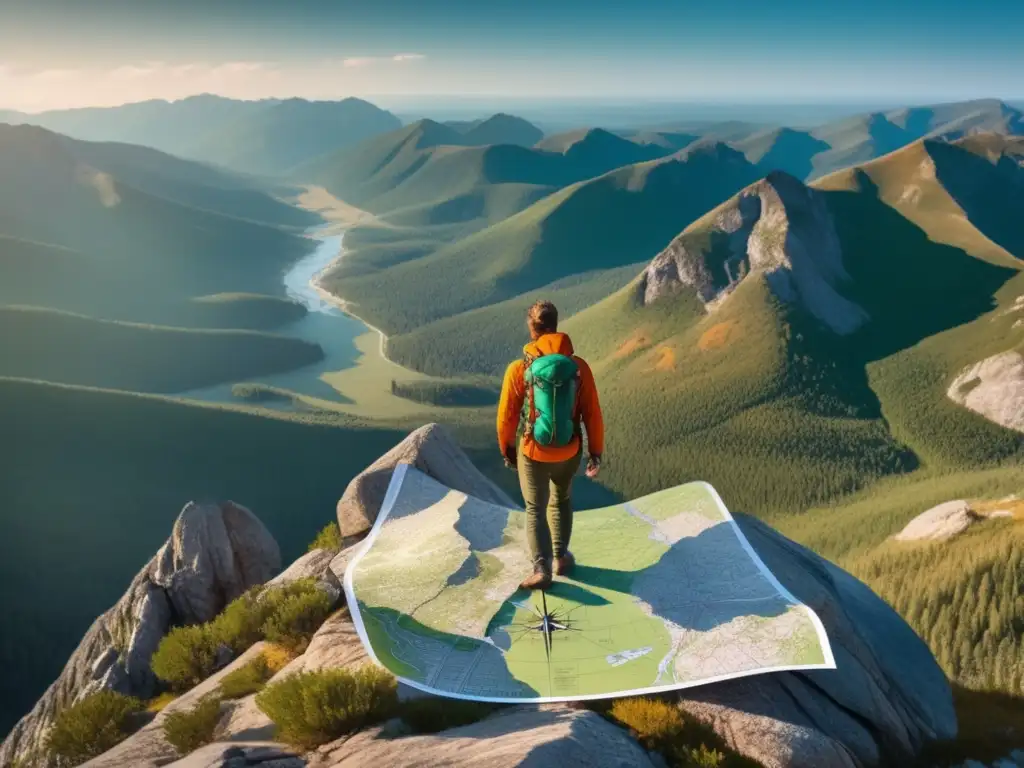 Hiker con brújula y mapa en paisaje montañoso - Mitos y realidades orientación y navegación supervivencia