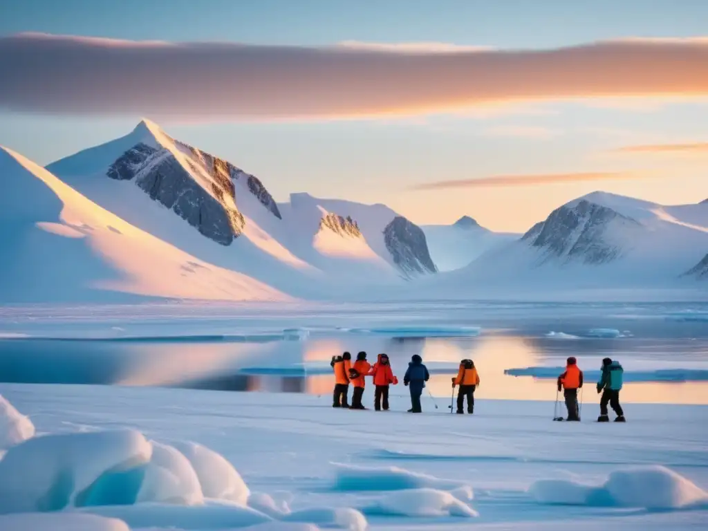 Curso supervivencia en zonas frías: impresionante imagen de paisaje ártico, con montañas nevadas, lago congelado y personas realizando actividades