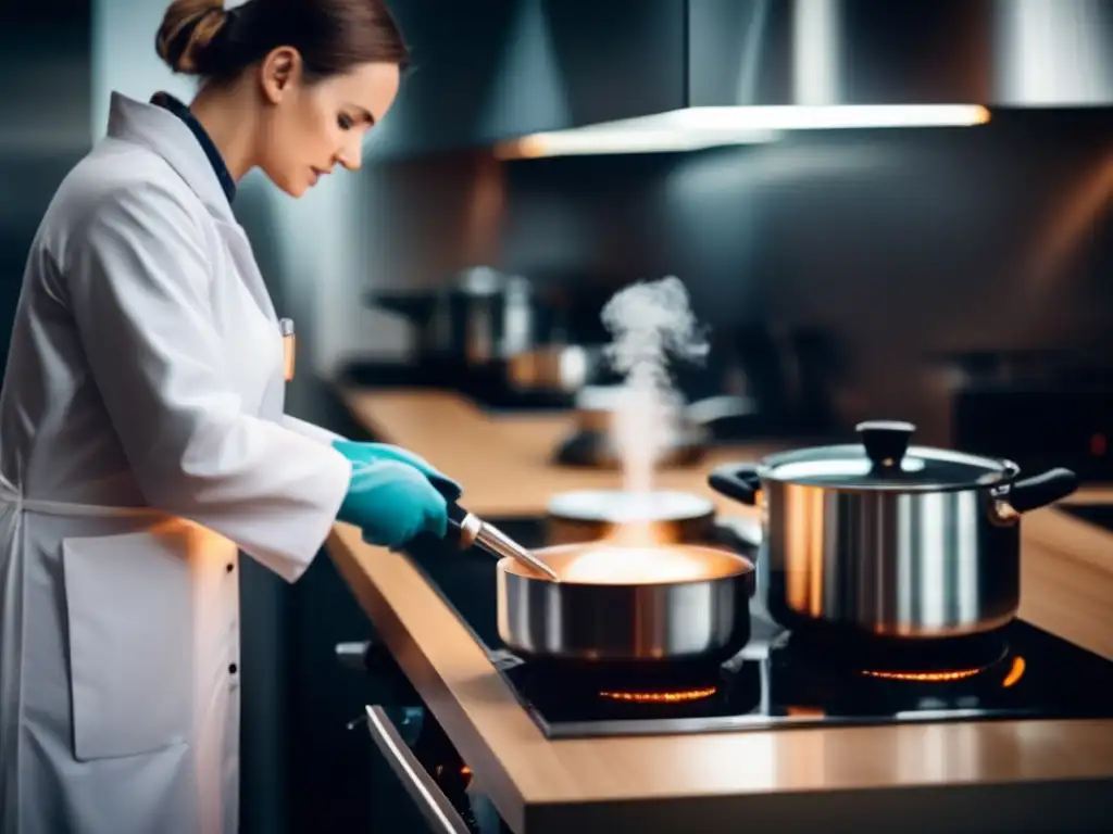 Queso casero supervivencia: persona en cocina moderna con guantes y bata blanca, calentando leche en olla de acero inoxidable