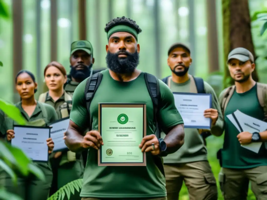 Grupo diverso en bosque verde con certificaciones de supervivencia, vitalidad y aventura