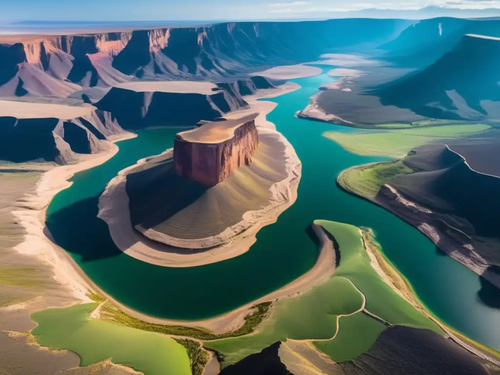 Ventajas y usos de drones en exploración: paisaje impresionante con río, montañas verdes y desierto dorado, dron capturando imágenes