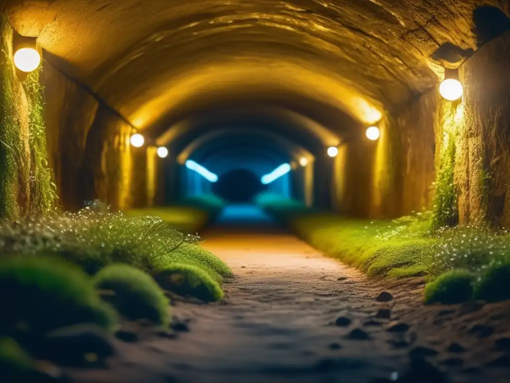 Guía de navegación subterránea para preppers: un túnel subterráneo iluminado por una suave luz dorada, con paredes de piedra áspera y antiguos símbolos