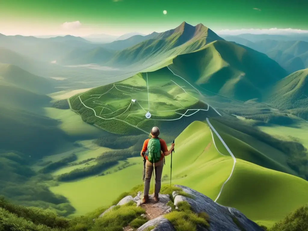 Hiker en cima montaña verde con mapa y brújula - Importancia mapa equipo supervivencia