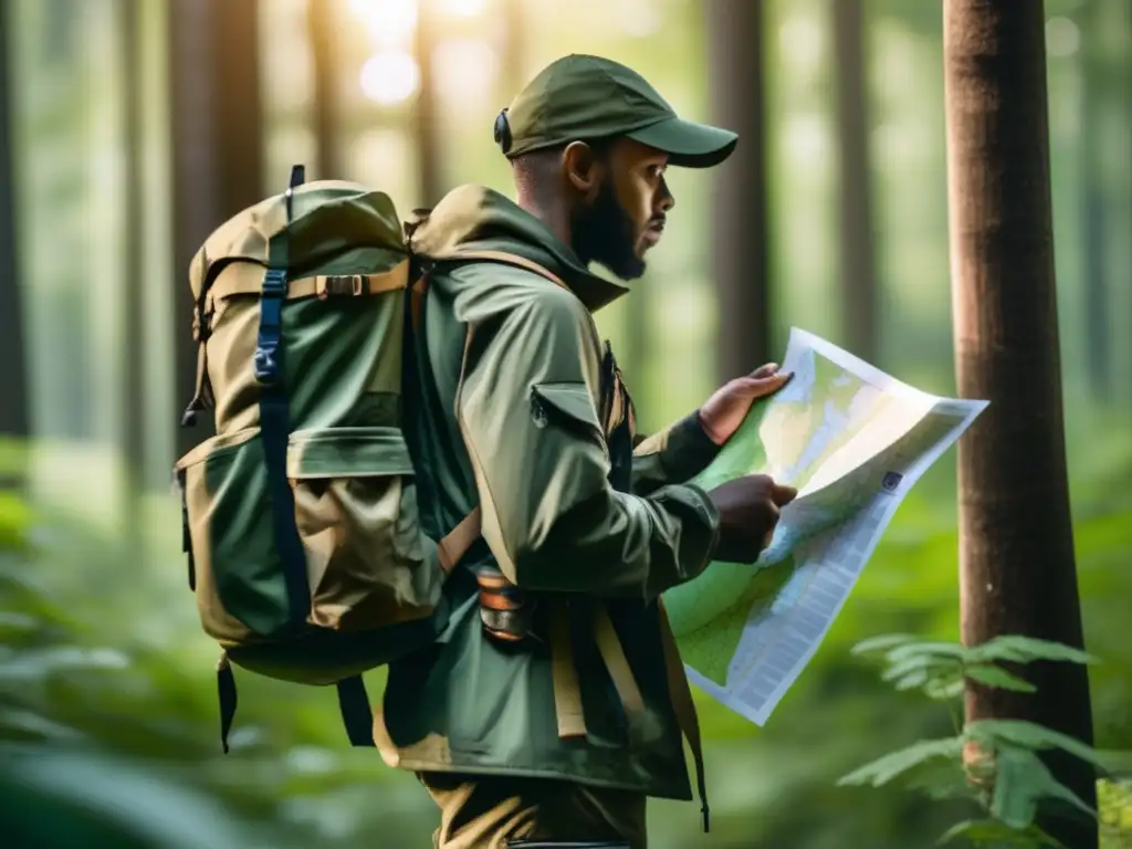 Persona con mochila táctica en bosque verde, estudiando mapa y brújula