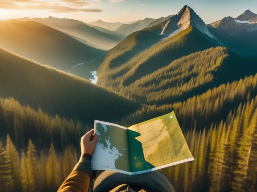 Técnicas de orientación con mapas para preppers en bosque montañoso