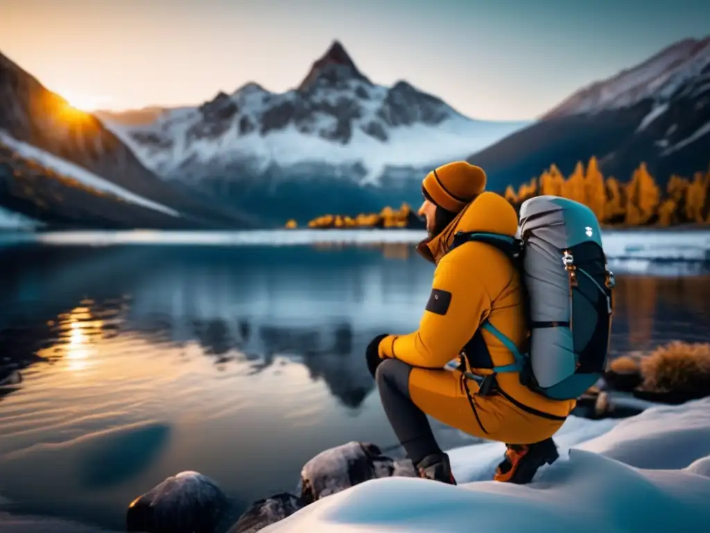 Paisaje montañoso nevado en clima frío, explorador junto a lago con purificador de agua para climas fríos