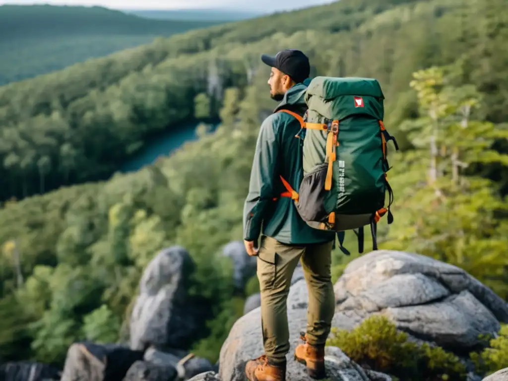 Persona con mochila en acantilado, mirando bosque