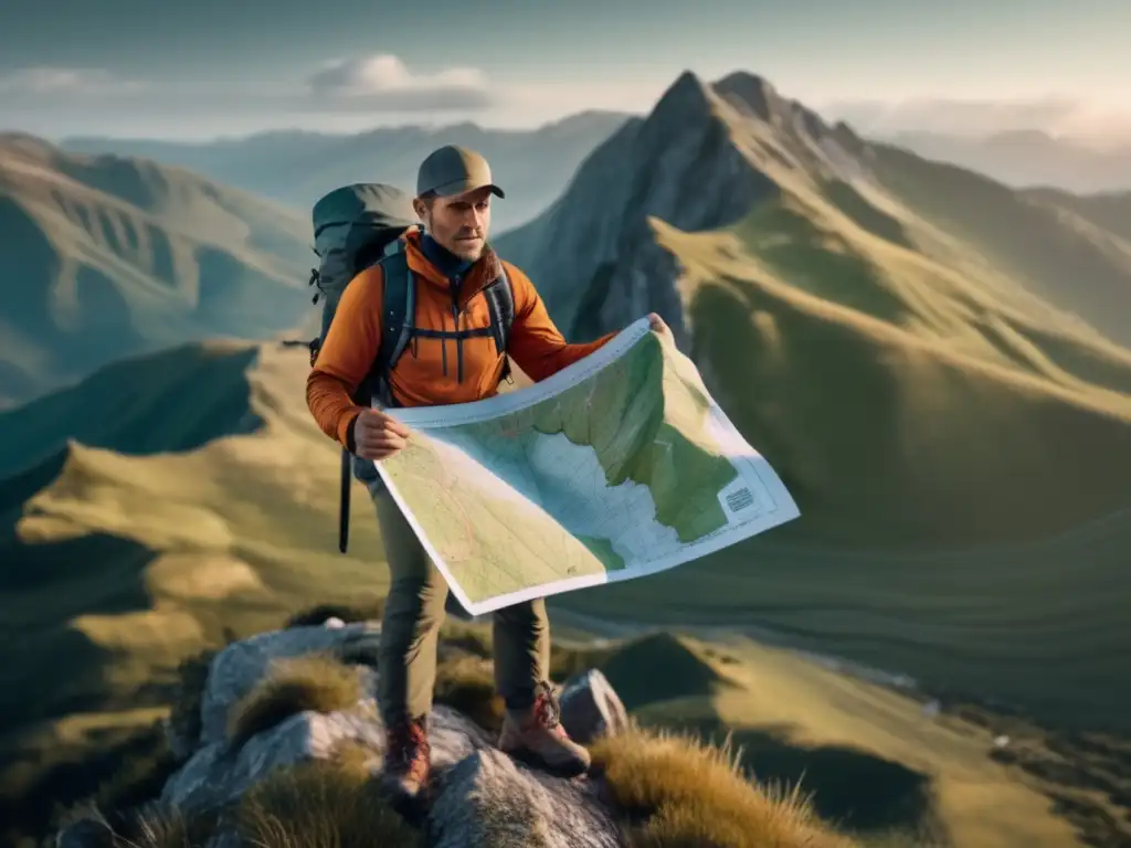 Hiker en montaña con mapa y brújula, importancia mapa equipo supervivencia