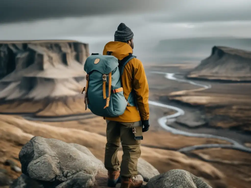 Persona con mochila resistente en un paisaje desolado, sosteniendo brújula y mapa