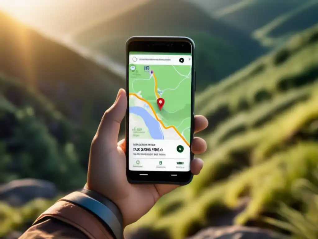 Persona usando smartphone en terreno difícil, navegando con precisión en territorio desconocido