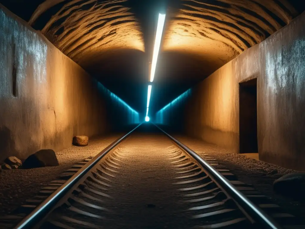 Guía de navegación subterránea para preppers: imagen 8k detallada de un túnel oscuro y antiguo, con luz tenue y sombras largas