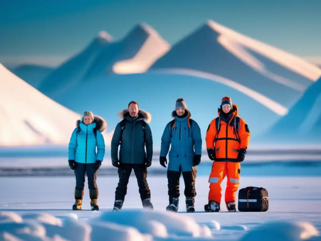 Sistema de energía portátil en el Ártico: exploradores en paisaje helado con montañas nevadas al fondo