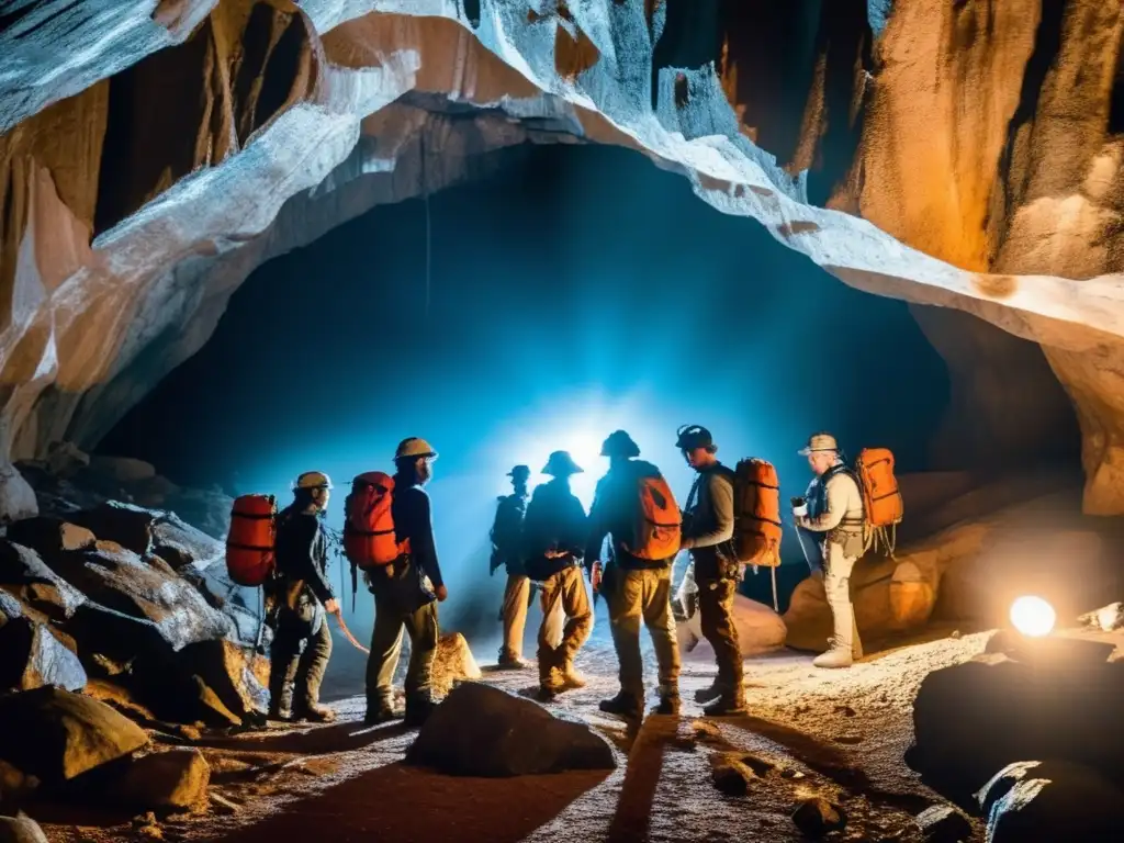 Guía subterránea para preppers explorando cuevas con LED y equipo de aventura