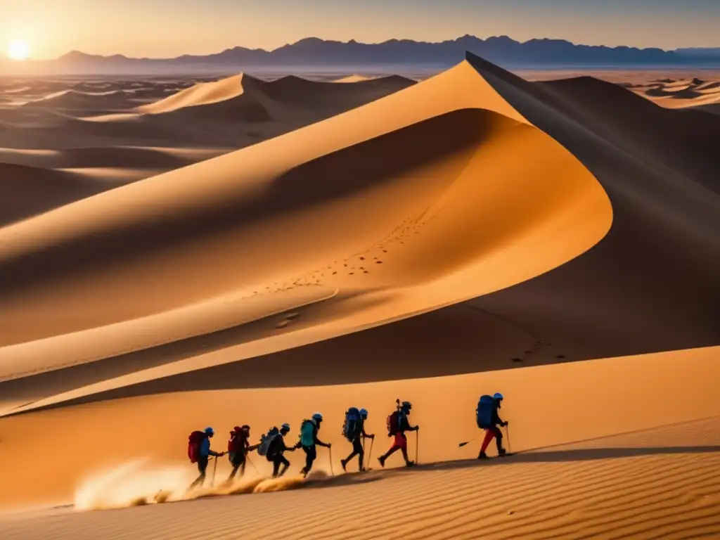 Aventureros usando sistemas de energía portátil en desierto