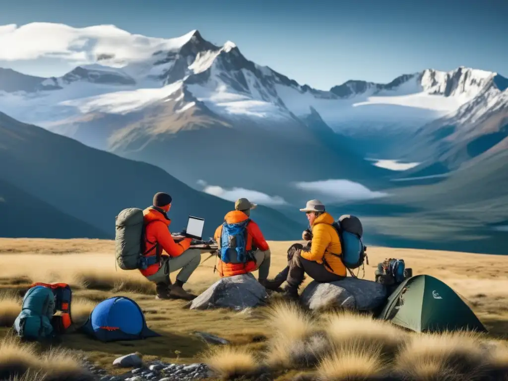 Herramientas comunicación supervivencia zonas remotas: exploradores equipados con modernas herramientas de comunicación en paisaje montañoso