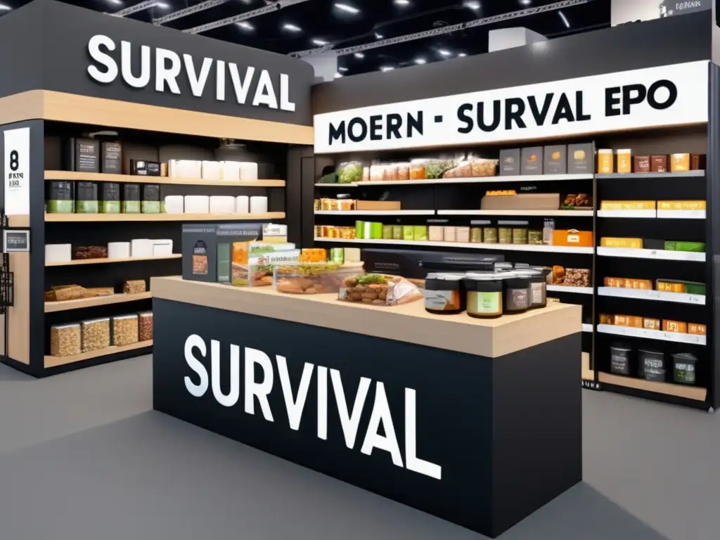 Productos de supervivencia en ferias: stand moderno y detallado exhibiendo una variedad de alimentos, agua, iluminación y más