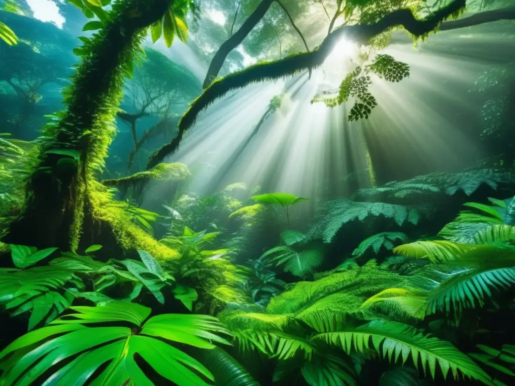 Sistema comunicación selva supervivencia: Imagen impresionante de una exuberante selva tropical con árboles altos formando un majestuoso dosel