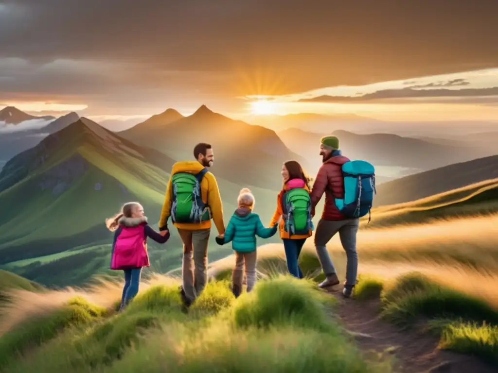 Familia de cuatro personas en la cima de una montaña verde, vestidos con equipo de aventura