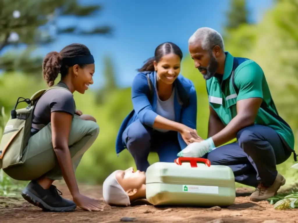 Cursos de supervivencia para familias preparadas: familia diversa aprendiendo técnicas de primeros auxilios al aire libre