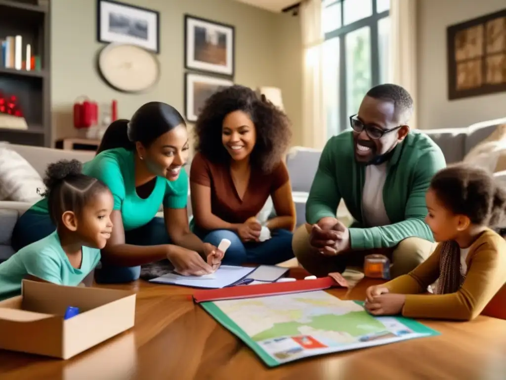 Preparación emocional hijos emergencia: familia diversa hablando en sala acogedora, mesa con suministros emergencia