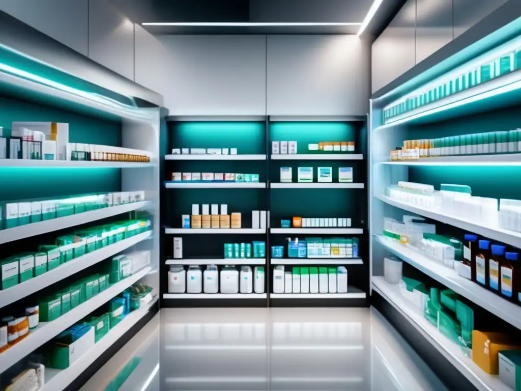 Farmacia moderna y bien iluminada, con medicamentos organizados y atención profesional