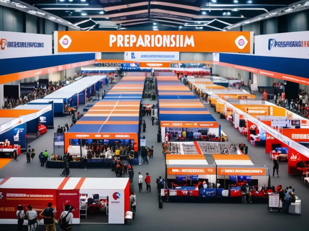 Consejos para ferias de preparacionismo: Detalle vibrante de una feria con stands, asistentes y productos relacionados con el preparacionismo