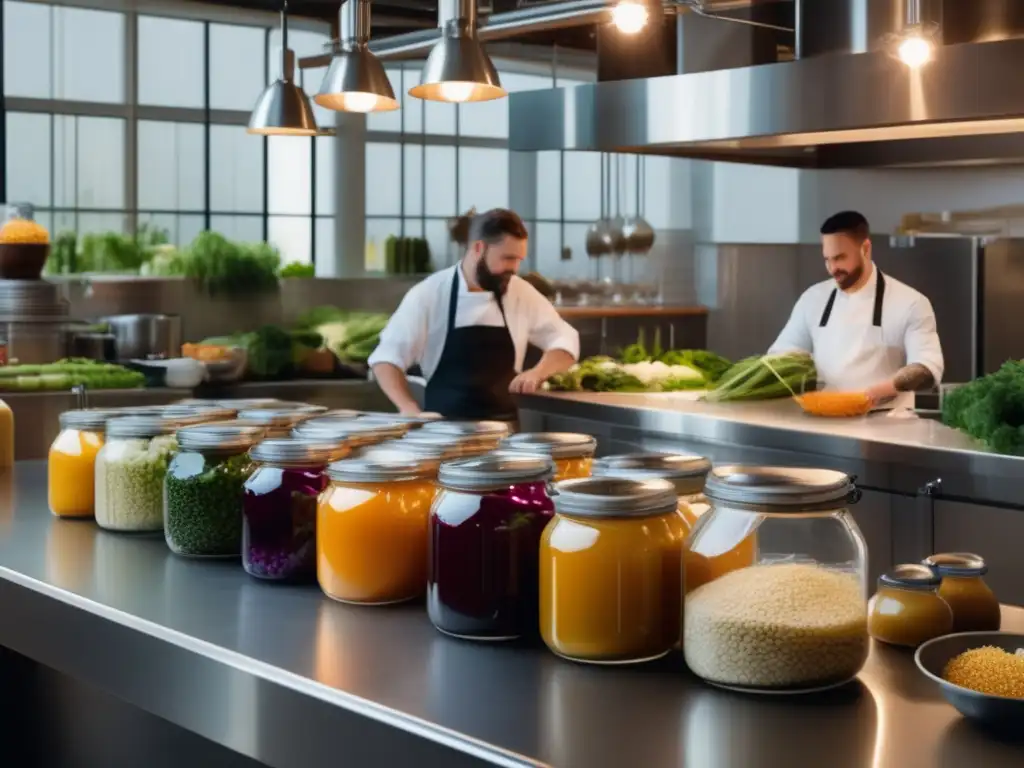 Fermentación autosuficiente: cocina industrial vibrante y colorida, experto en aventajar beneficios fermentando alimentos, fermentos variados en frascos de vidrio, ambiente moderno y fresco