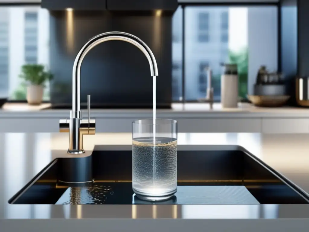 Técnicas de purificación de agua sin hervirla: Sistema de filtración de agua 8k en una cocina contemporánea, elegante y eficiente