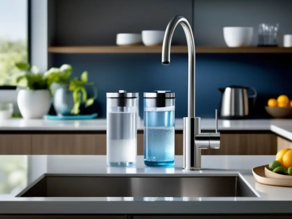 Importancia del reciclaje en supervivencia: Sistema de filtración de agua moderno y eficiente en una cocina contemporánea