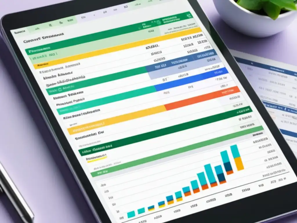 Plan de emergencia financiera prepper: Hoja de cálculo detallada con ingresos, gastos, deudas y obligaciones, en un dispositivo digital moderno