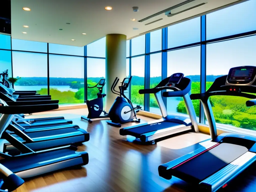 Un moderno gimnasio con impresionantes vistas, equipado con lo último en máquinas de ejercicio y con un ambiente energizante y acogedor