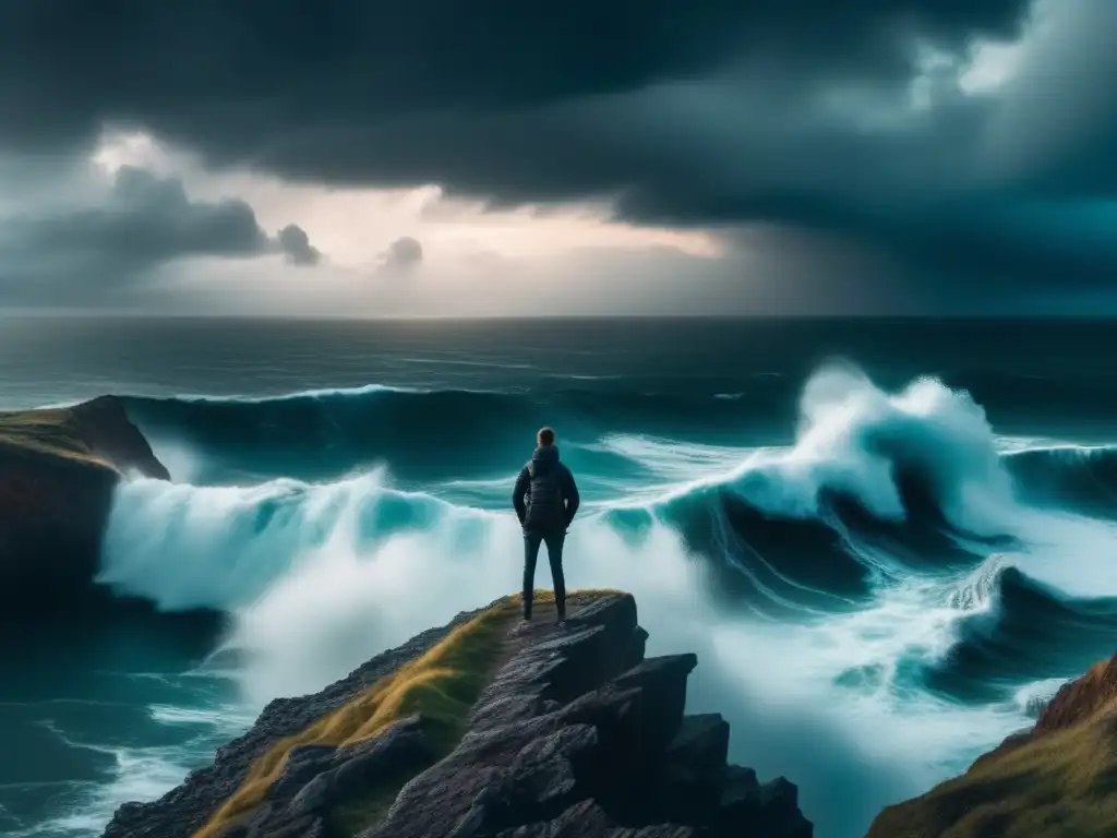 Guía de supervivencia emocional en el caos: persona resiliente frente a un mar turbulento, cielo oscuro y oportunidades en la adversidad