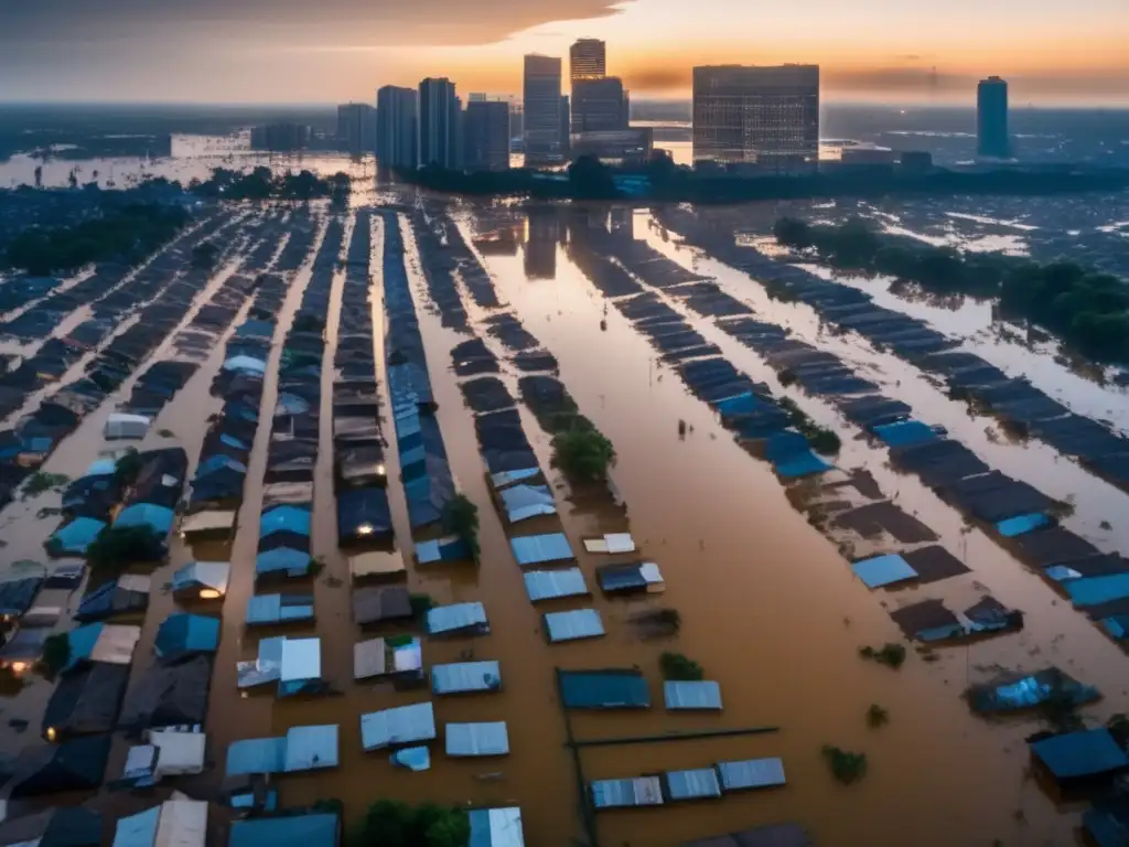 Preparativos y supervivencia ante inundaciones: ciudad sumergida al anochecer, reflejo de edificios iluminados en agua tranquila, calles y edificios parcialmente sumergidos, agua con escombros y grupo de personas con chalecos salvavidas y kits de supervivencia