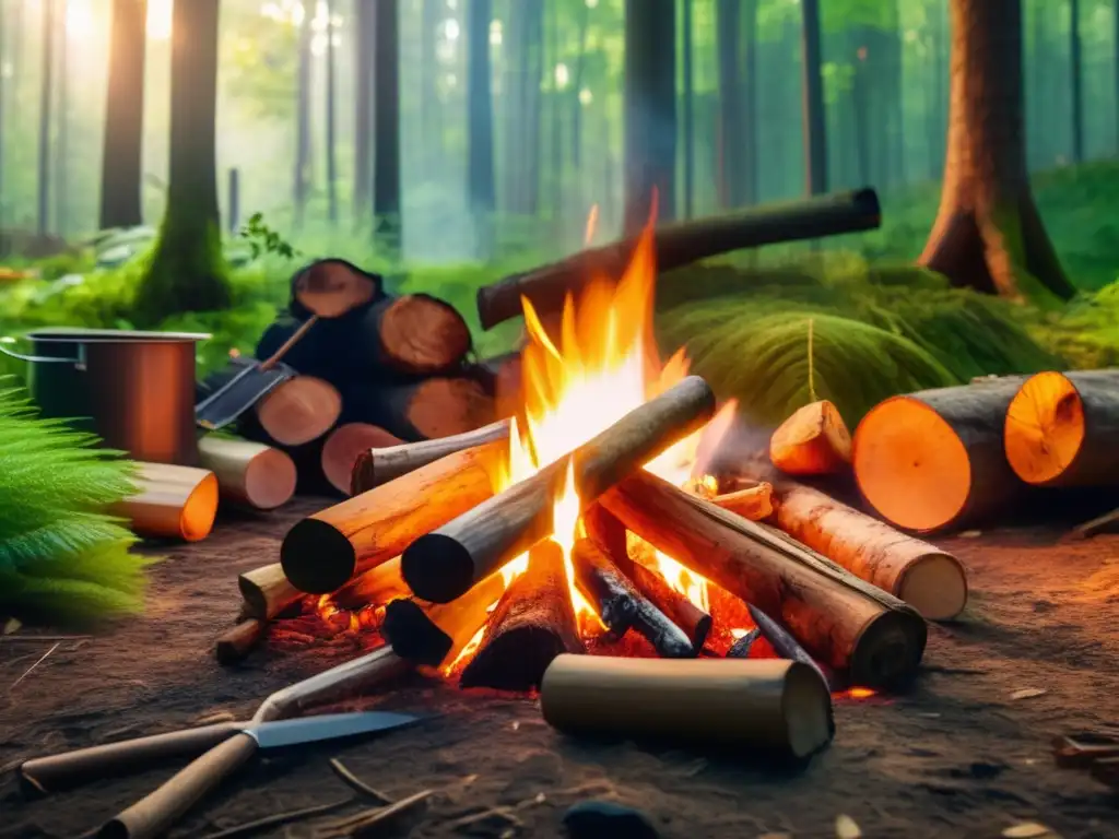 Energía renovable para sobrevivir: Bosque verde con fuego orgánico